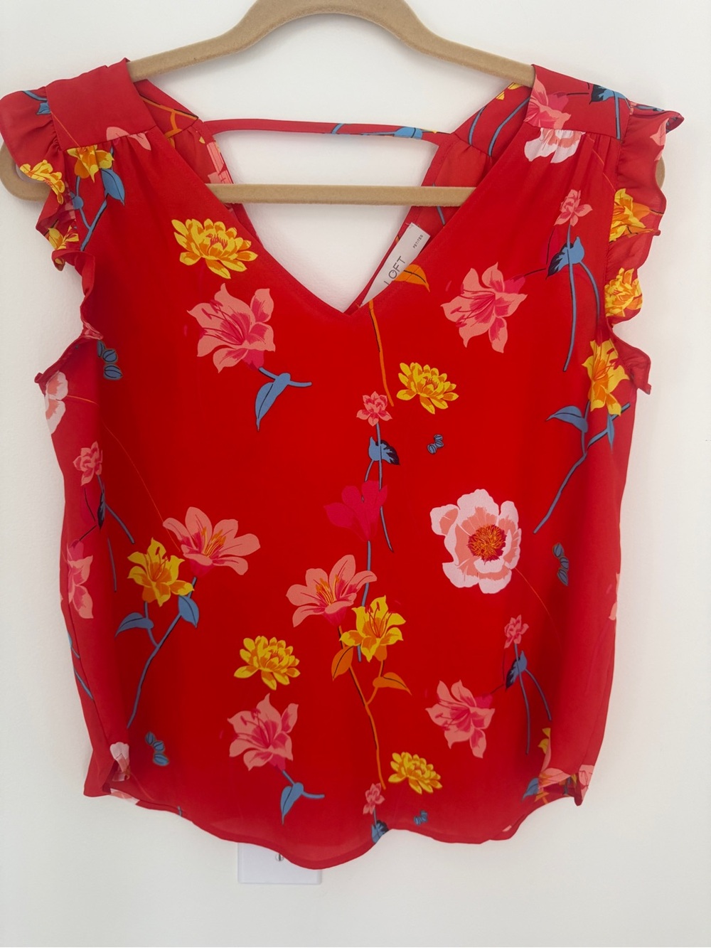 LOFT Bright Red Floral V-Neck Flutter Sleeve Blouse